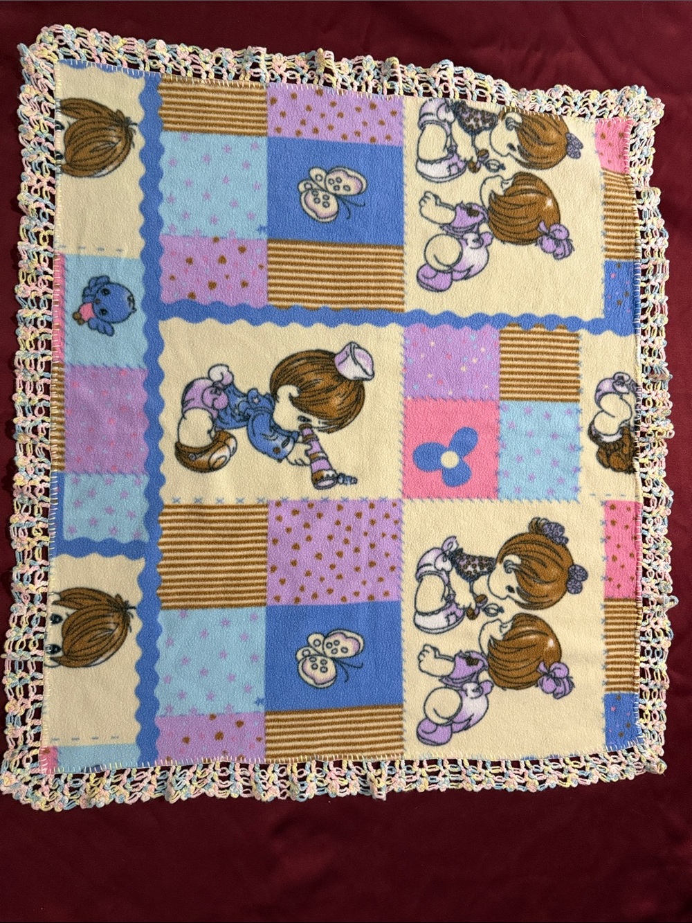 Vintage Precious Moments Patchwork Baby Blanket Pink Purple Blue